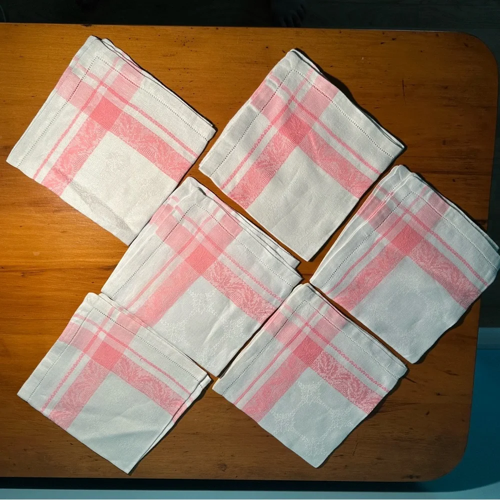 Vintage Cottage Chic Pristine Pink & White Striped Damask Cloth Napkins ~ 6 pc.